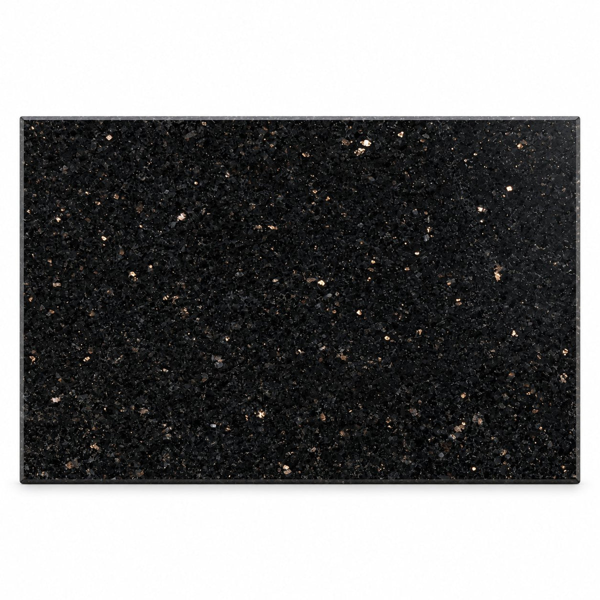 Unbeschriftete Granit-Gedenktafel Star Galaxy mit schwarzer Oberfläche und goldfarbenen Mineralflecken im Querformat vor weißem Hintergrund.