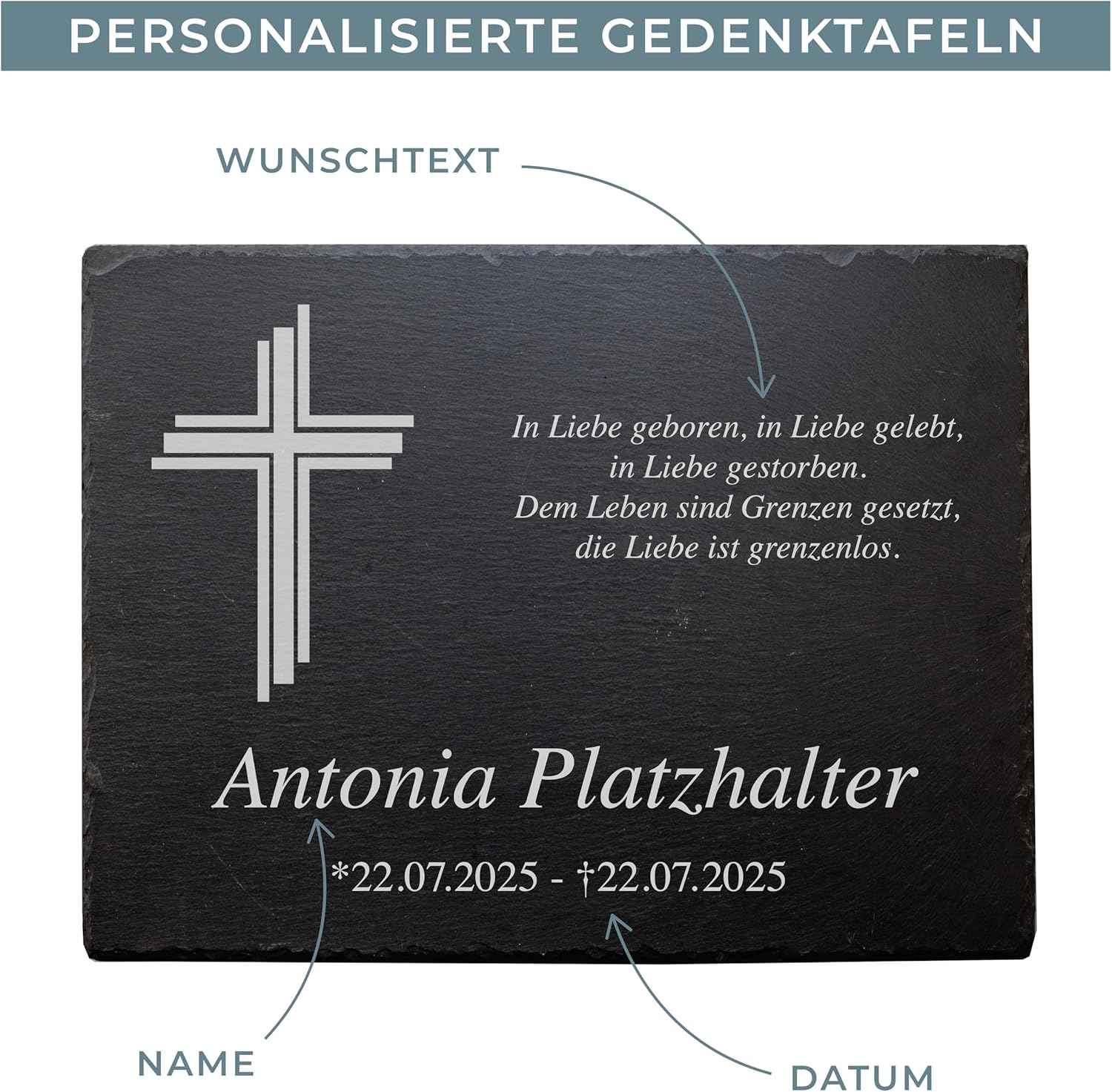 Personalisierte Gedenktafel mit Wunschmotiv (links) inkl. Lasergravur