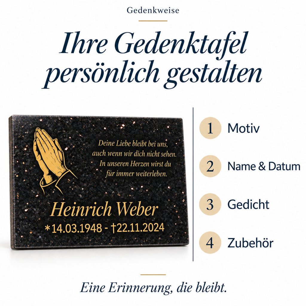 Granit-Gedenktafel mit goldener Beschriftung neben den vier Personalisierungsschritten: Motiv, Name und Datum, Gedicht sowie Zubehör.