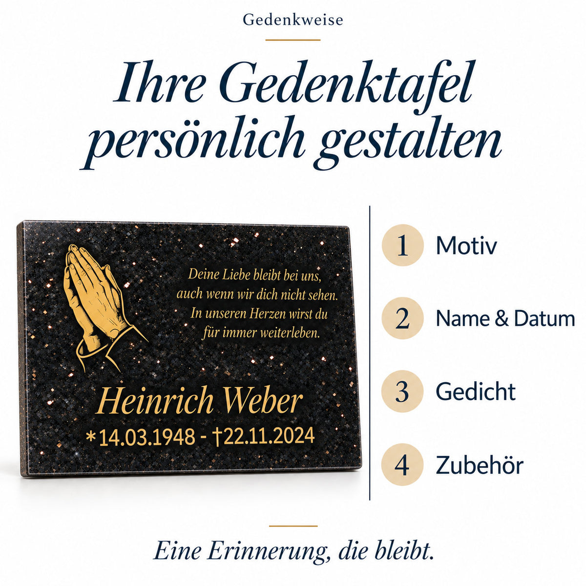 Granit-Gedenktafel mit goldener Beschriftung neben den vier Personalisierungsschritten: Motiv, Name und Datum, Gedicht sowie Zubehör.