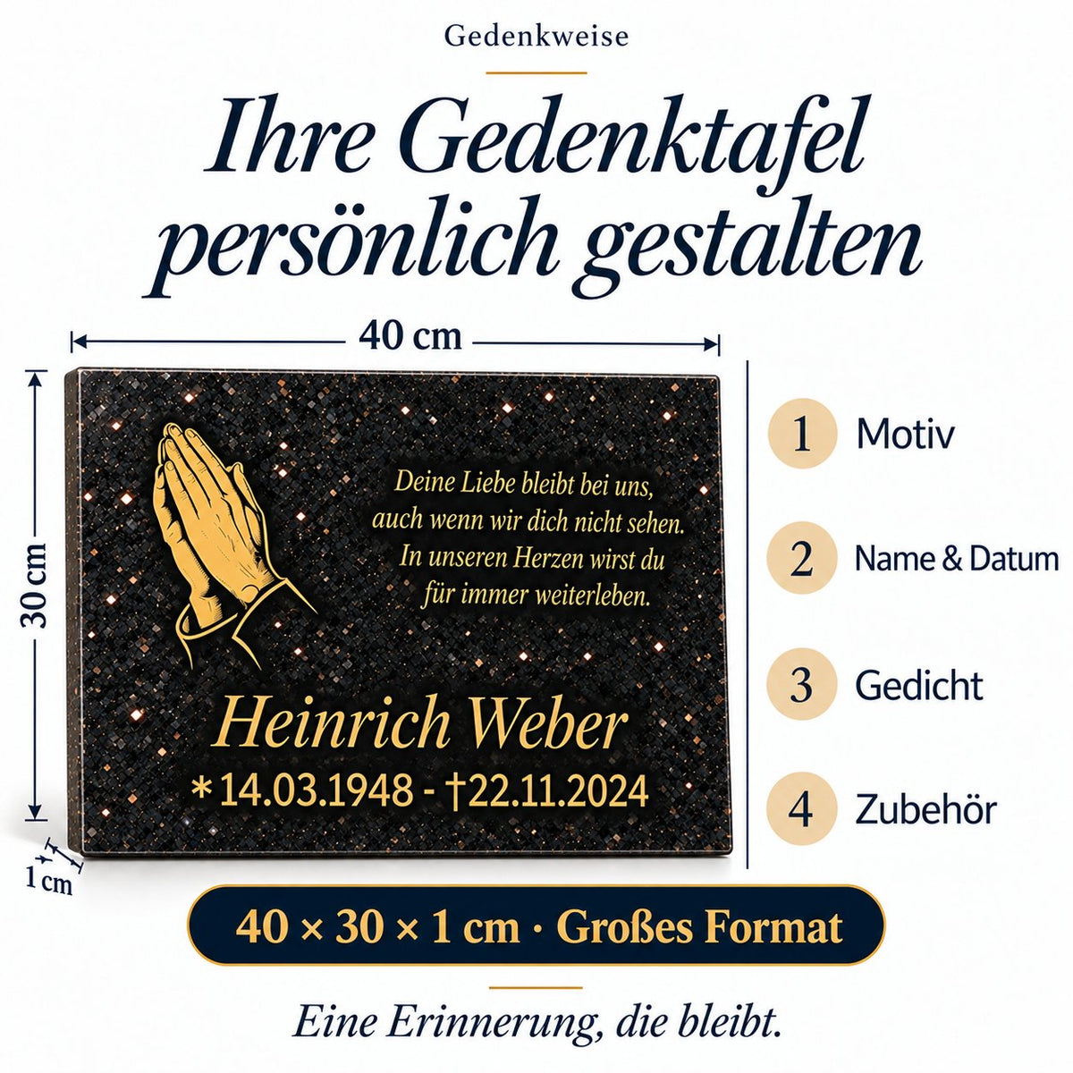 Grabstein Granit mit goldenen betenden Händen: Übersicht der vier Personalisierungsschritte Motiv, Name und Datum, Gedicht sowie Zubehör, Maße 40 × 30 × 1 cm.