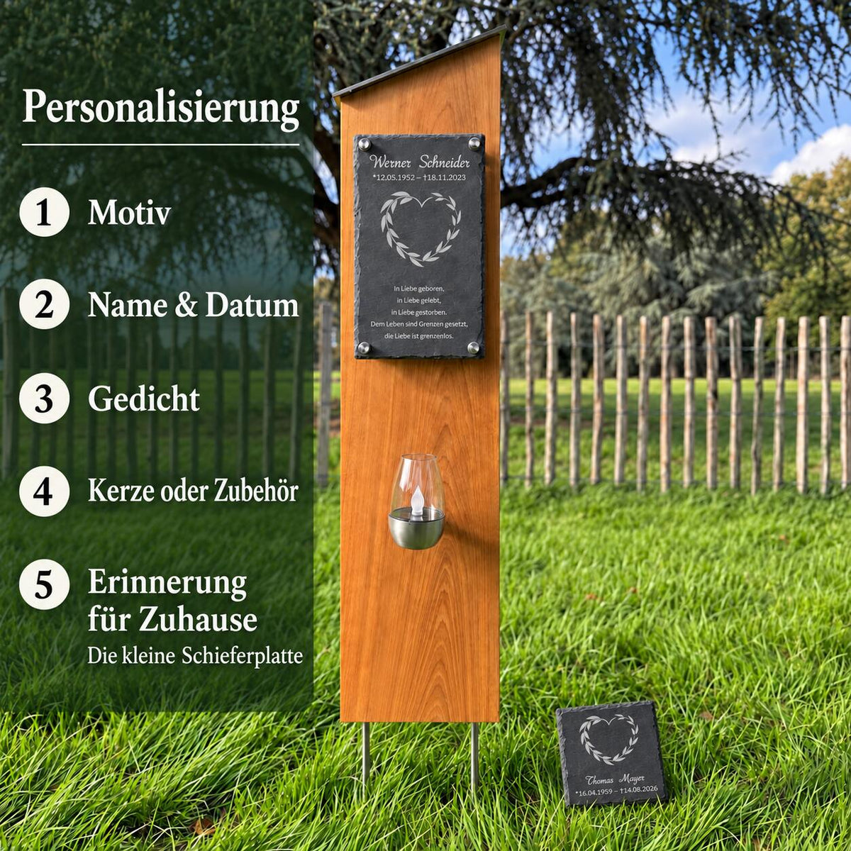 Grabstele aus Holz mit Blätterherz auf Schiefer: Personalisierung mit Motiv, Name und Datum, Gedicht, Kerze oder Zubehör sowie kleiner Schieferplatte für Zuhause.
