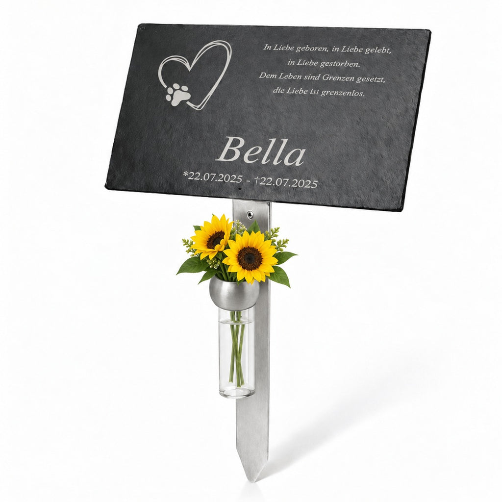 Personalisierte Tiergedenktafel aus Schiefer für Bella mit Pfoten-Herz-Motiv, Sonnenblumen und Blumenhalter – liebevolle Erinnerung für Hund und Haustier.
