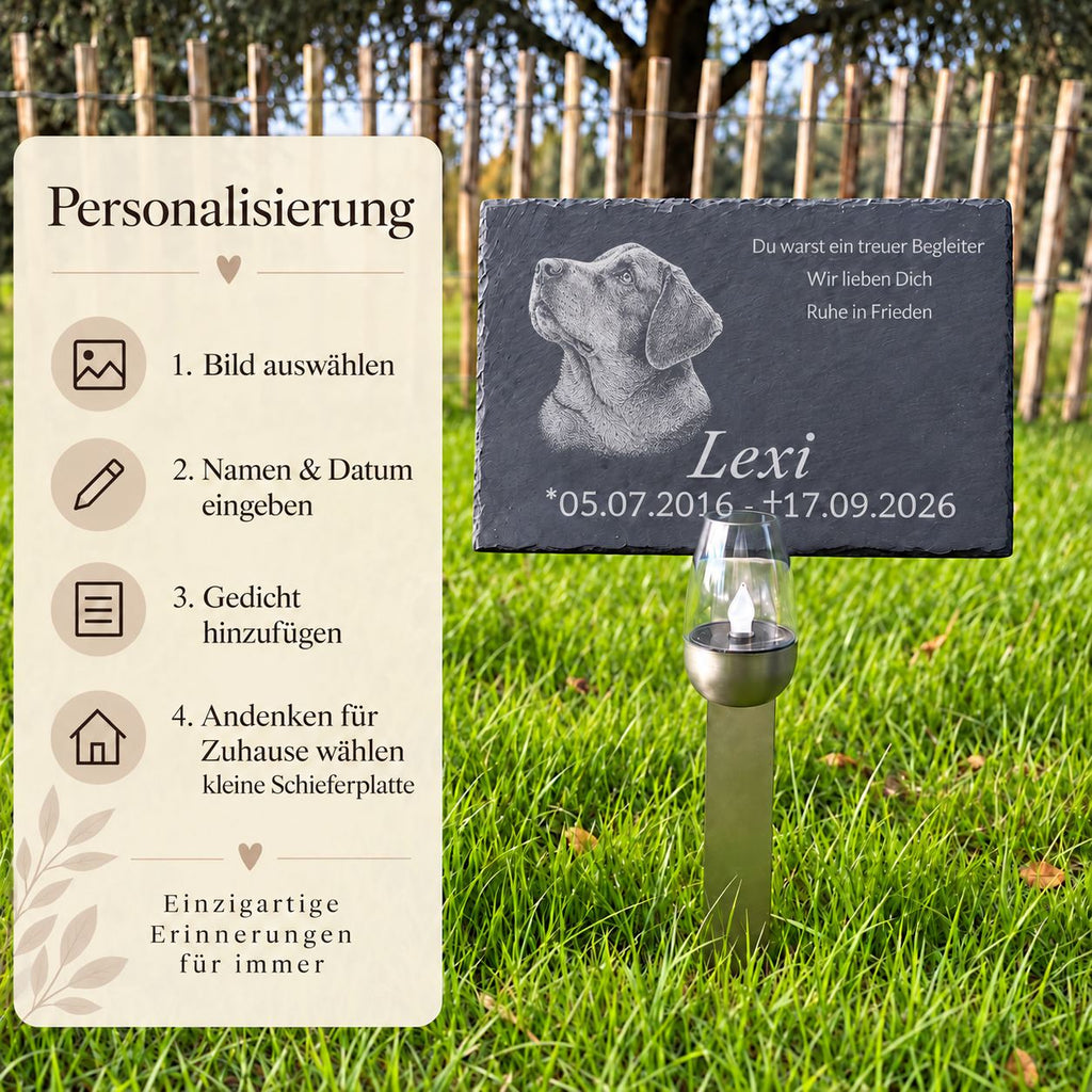 Personalisierte Tiergedenktafel aus Schiefer mit graviertem Hundemotiv, Name Lexi und individuellem Gedenktext mit Edelstahlhalter.